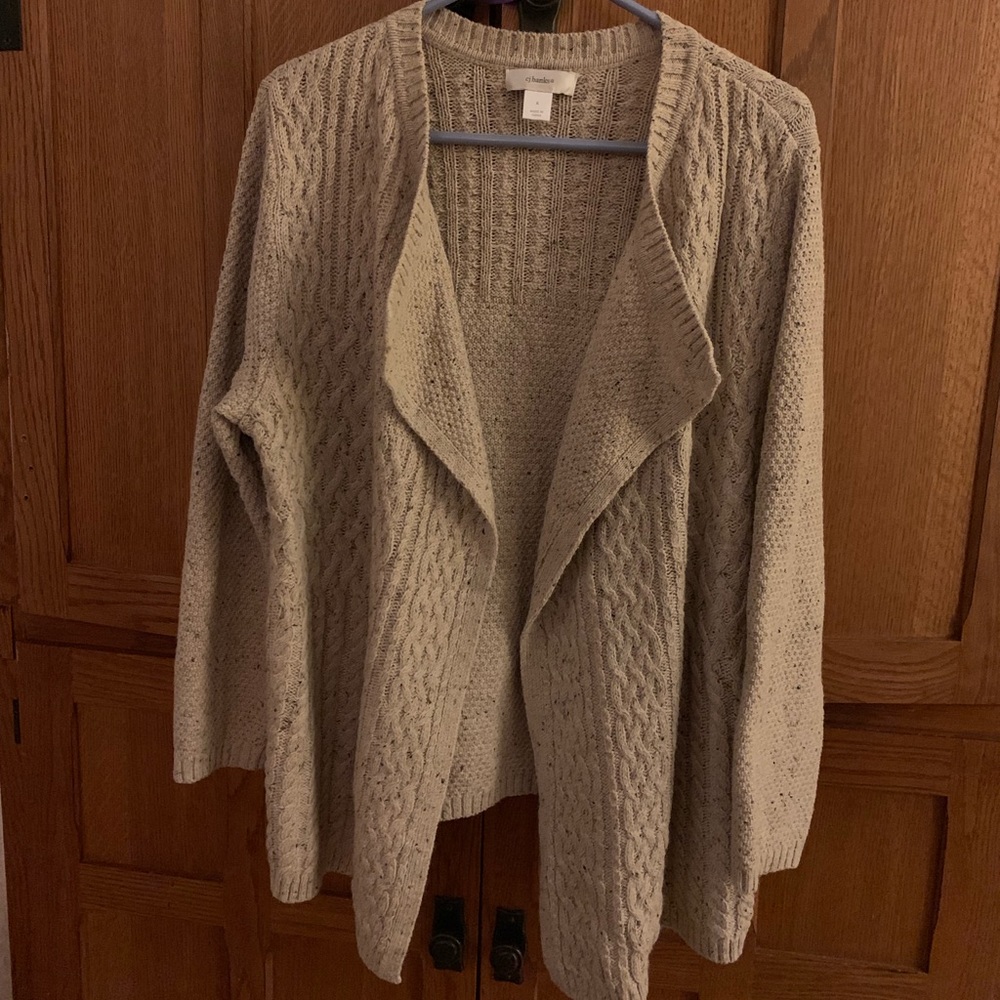 CJ Banks mixed stitch open cardigan tan cream